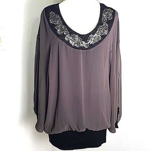 Cha Cha Vente Gray Sheer Top, Black Neckline & Waist Kimono Sleeves, Sz Med, NWT